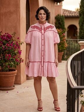 Miss w Paris Pink Embroidered Button-Front Babydoll Dress